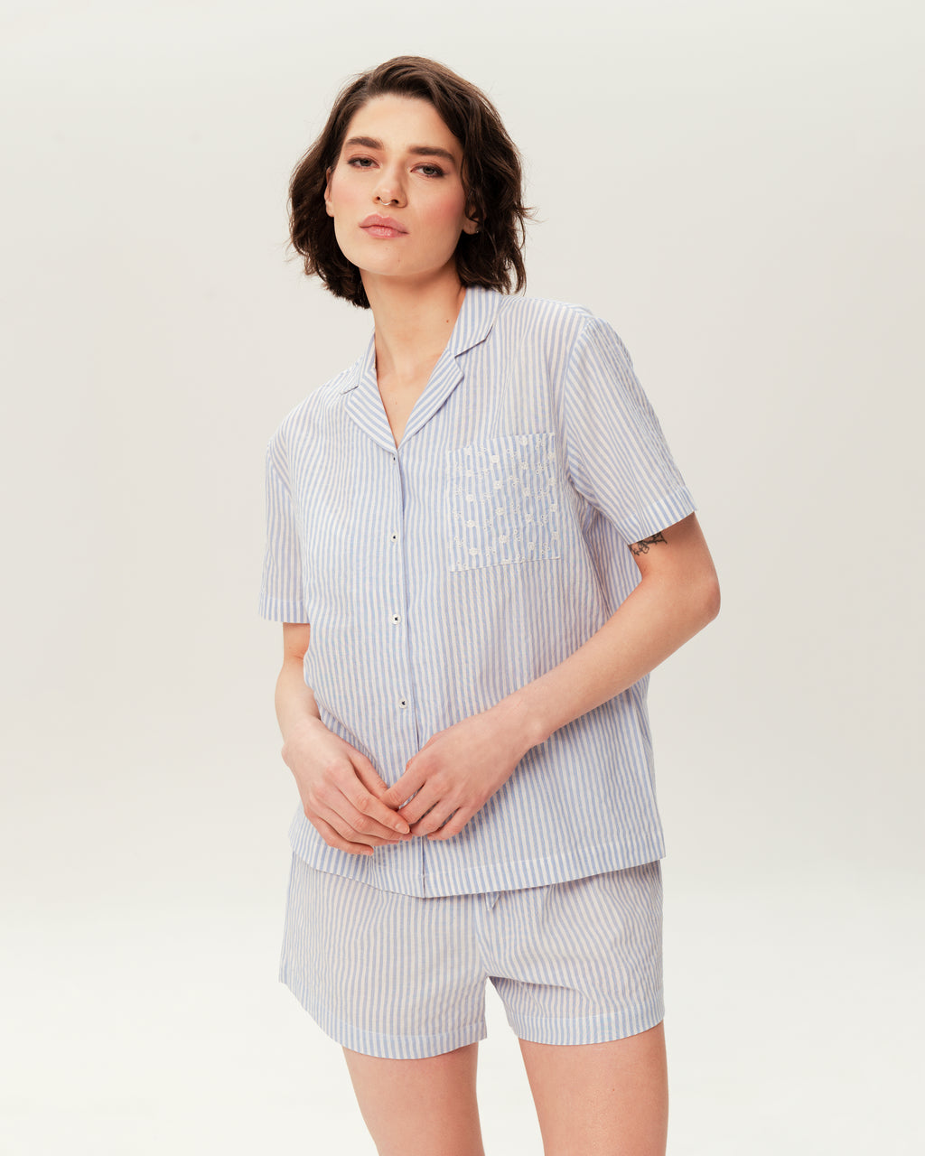 Women's Pajama Set PJSH-002 Blue White Stripe