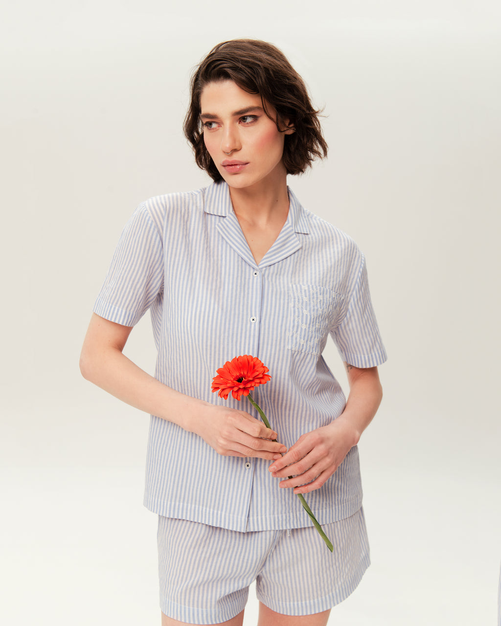 Women's Pajama Set PJSH-002 Blue White Stripe