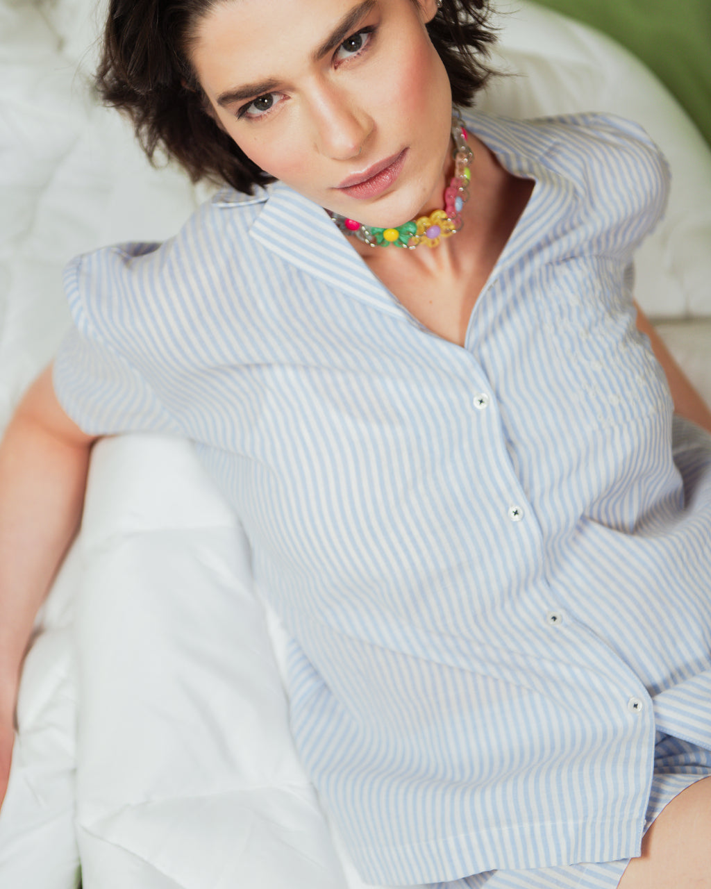 Women's Pajama Set PJSH-002 Blue White Stripe